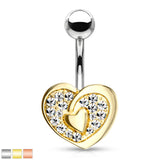 CZ Paved Heart With Heart Center Navel Belly Button Ring