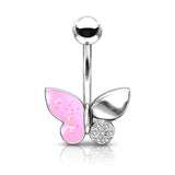 Butterfly With Opal Glitter Filled And Crystal Paved Wings Belly Button Navel Rings