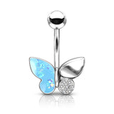 Butterfly With Opal Glitter Filled And Crystal Paved Wings Belly Button Navel Rings
