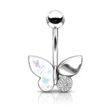 Butterfly With Opal Glitter Filled And Crystal Paved Wings Belly Button Navel Rings