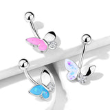 Butterfly With Opal Glitter Filled And Crystal Paved Wings Belly Button Navel Rings