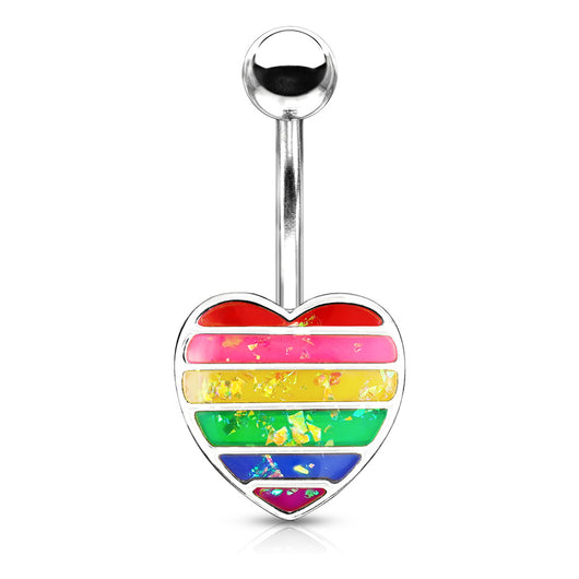 Rainbow Gay Pride Opal Glitter Filled Heart  Belly Button Navel Rings