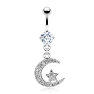 CZ Paved Crescent With Star Dangle Navel Belly Button Ring