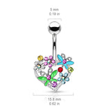 Multi Color Butterfly Flower On Heart Surgical Steel Belly Button Navel Rings