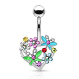 Multi Color Butterfly Flower On Heart Surgical Steel Belly Button Navel Rings