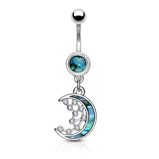 Mother of Pearl Inlay Crescent Moon and CZ Stars Navel Belly Button Ring