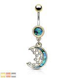 Mother of Pearl Crescent Moon CZ Stars Dangle Belly Button Navel Rings