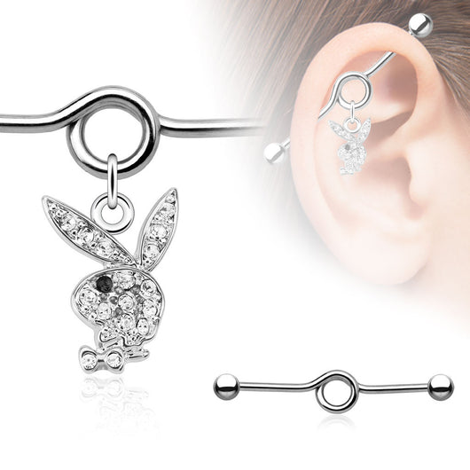 Multi Paved CZ Playboy Bunny Surgical Steel Industrial Barbell
