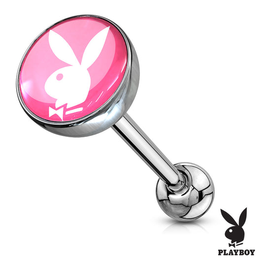 Licensed Pink Playboy Bunny Logo Print Inlay Barbell Tongue Rings