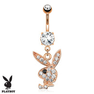 Paved Gems Playboy Bunny Dangle Rose Gold Navel Belly Button Ring