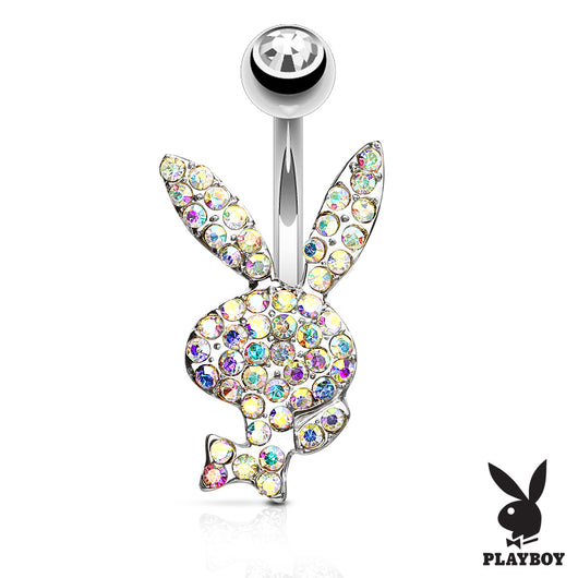 Multi Aurora Borealis CZ Paved Playboy Bunny Navel Belly Button Ring