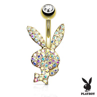 Multi Aurora Borealis CZ Paved 14K Gold Plated Playboy Bunny Navel Belly Button Ring