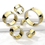 Pair Yellow Gold Gemmed Rim Screw Fit Double Flare Ear Tunnel Plugs