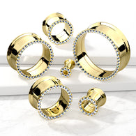 Pair Yellow Gold Gemmed Rim Screw Fit Double Flare Ear Tunnel Plugs