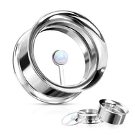 Pair Floating Opal Stone Double Flared Screw Fit Flesh Tunnels Ear Plugs
