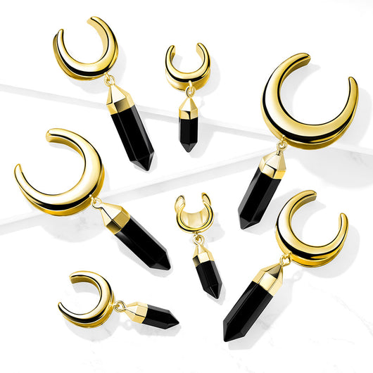 1 Pc Gold Saddle Spreader With Onyx Dangle Ear Plugs