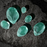 Pair Pyrex Glass Green Alien Face Double Flare Ear Plugs