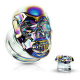 Pair Skull Front Double Flared Pyrex Glass Ear Plugs
