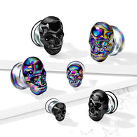 Pair Skull Front Double Flared Pyrex Glass Ear Plugs