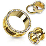 Pair Of 14K Gold Plated Multi CZ Rim Ear Plug Screw Fit Flesh Tunnel