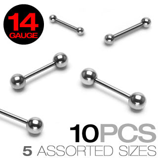 10 Pc of Basic Surgical Steel Mixed Sizes Barbells Tongue Rings 14GA
