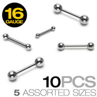 10 Pc of Basic Surgical Steel Mixed Sizes Barbells Tongue Rings 16GA