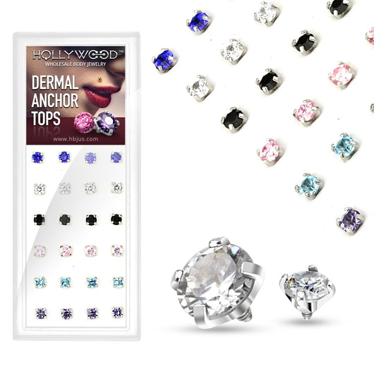 24 Pc Prong Set Assorted CZ Dermal Anchor Top Package
