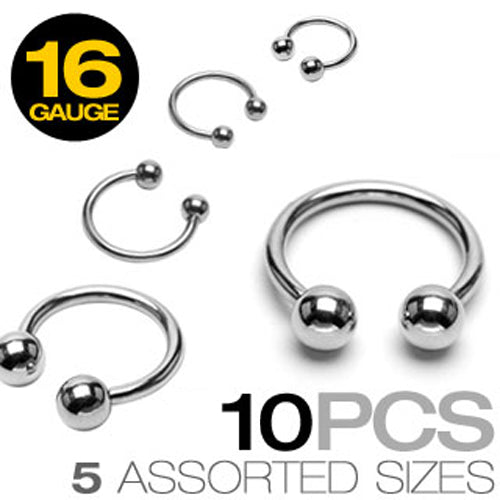 10 Pc Basic Surgical Steel Horseshoe Circular Barbells 16GA Mix Sizes
