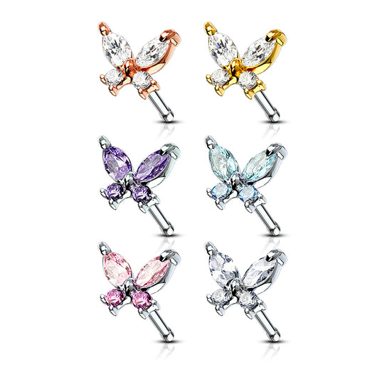 1 Pc 316L Surgical Steel CZ Butterfly Top Nose Bone Stud Rings