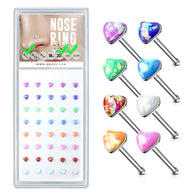 40 Pc Pre Loaded 3mm Opal Glitter Heart Top  Nose Bone Stud Rings