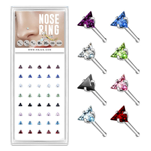 40 Pc Pre Loaded Triangle Mixed CZ Top Nose Bone Stud Rings