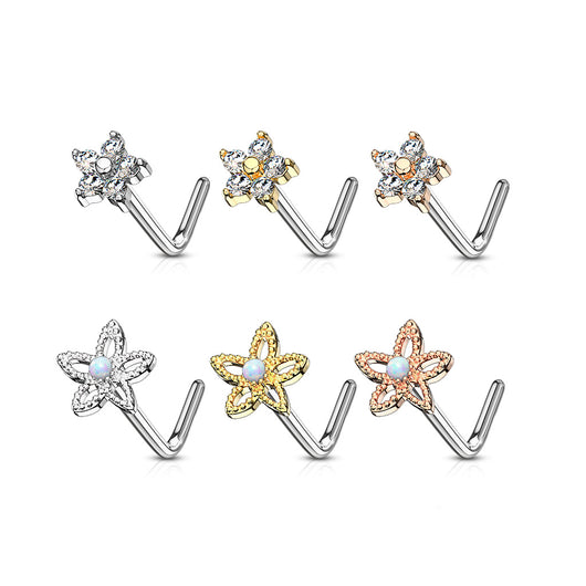 6 Pc Assorted Opal & CZ Flower Top L Bend Nose Bone Rings
