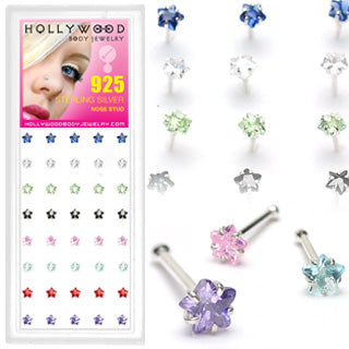 40 Pc Pack Of .925 Sterling Silver 3mm Star Mixed CZ Nose Bone Stud Rings
