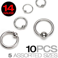 10 Pc of Basic 316L Surgical Steel Captive Bead Rings 14GA Mixed Sizes