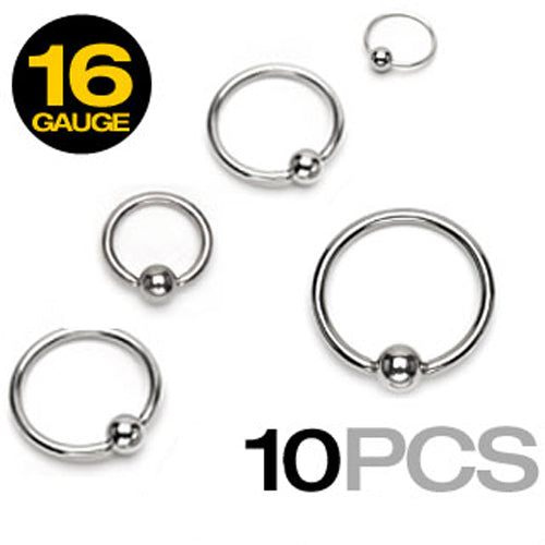 10 Pc of Basic 316L Surgical Steel Captive Bead Rings 16GA