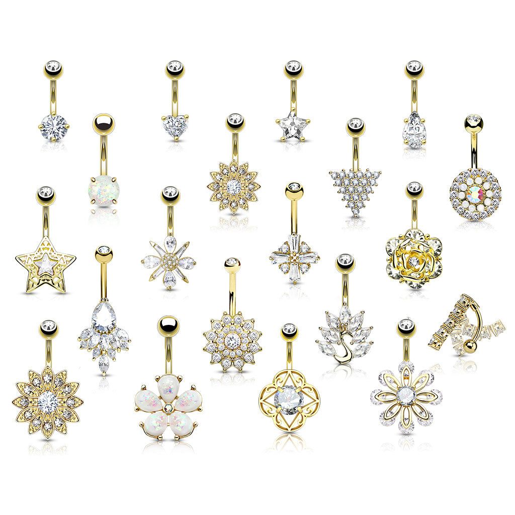 20 Pc Box Package 14K Gold Plated CZ Assorted Navel Belly Button Ring ...
