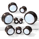 Opalite Stone Front Double Flared Ebony Wood Saddle Ear Plugs