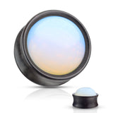 Opalite Stone Front Double Flared Ebony Wood Saddle Ear Plugs