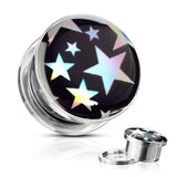 Pair Star Hologram Screw Fit Flesh Tunnels Ear Plugs