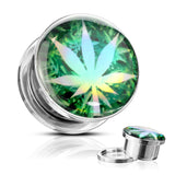 Pair Pot Leaf Hologram Screw Fit Flesh Tunnels Ear Plugs