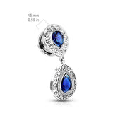 Paved Blue CZ Center Tear Drop Dangle Screw Fit Flesh Tunnel Ear Plugs