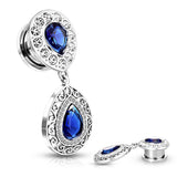 Paved Blue CZ Center Tear Drop Dangle Screw Fit Flesh Tunnel Ear Plugs