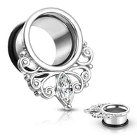 Pair Marquise Crystal Vintage Filigree Drop Single Flare Ear Tunnels.