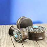 Turquoise and Enamel Tribal Sun Ebony Wood Double Flare Saddle Ear Plugs