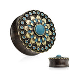 Turquoise and Enamel Tribal Sun Ebony Wood Double Flare Saddle Ear Plugs