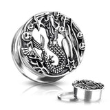 Pair Antique Silver Plated Siren Front Screw Fit Flesh Tunnels Ear Plugs