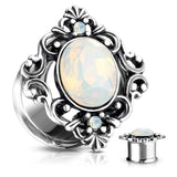 White Oval Opalite Stone Filigree Square Front Double Flare Ear Tunnel Ear Plugs