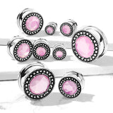Pair Pink Glass Stone With Burnish Shield Screw Fit Flesh Tunnels Ear Plugs