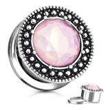 Pair Pink Glass Stone With Burnish Shield Screw Fit Flesh Tunnels Ear Plugs
