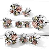 Pair 3 Tone Steampunk Geared 316L Surgical Steel Double Flare Ear Tunnels